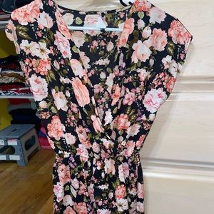 Pink black romper roses flower v neck shorts